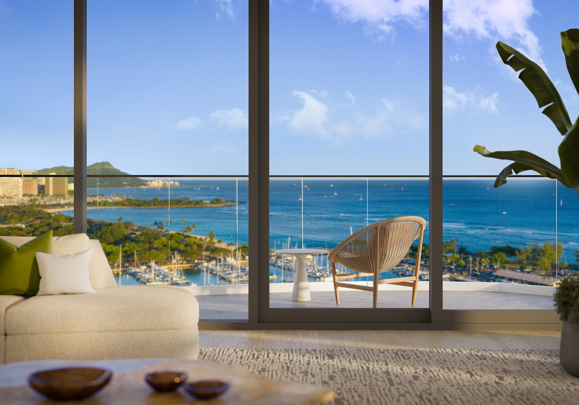 Interior shot of living room overlooking the ocean