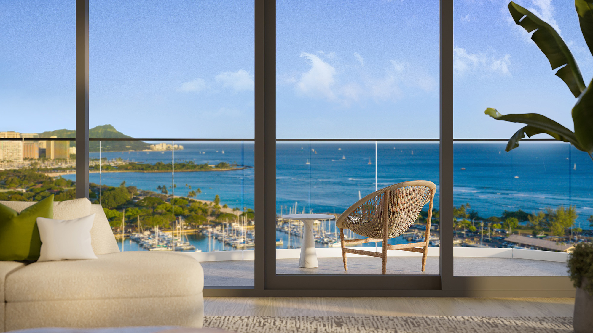 Interior shot of living room overlooking the ocean